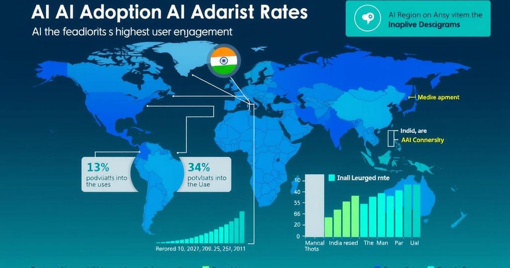 A visual representation of AI adoption statistics across businesses globally, showcasing growth trends and regions.