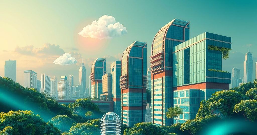 A futuristic cityscape with tech elements like cloud symbols and green accents, conveying innovation and sustainability.