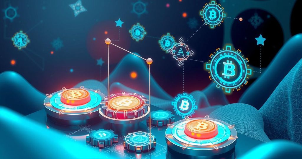A digital landscape showcasing virtual assets, AI symbols, and semiconductor elements in a bold color scheme.
