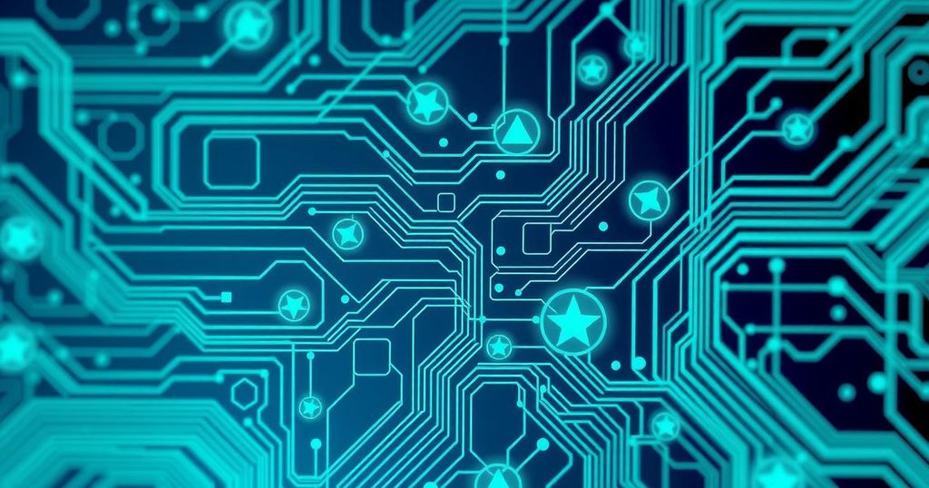 A conceptual image representing AI development, featuring abstract algorithms and circuits in a blue and green color scheme.