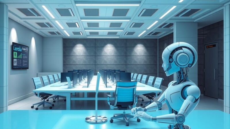 A digital illustration of AI chatbots in an office setting, representing limited productivity gains and modern technology.
