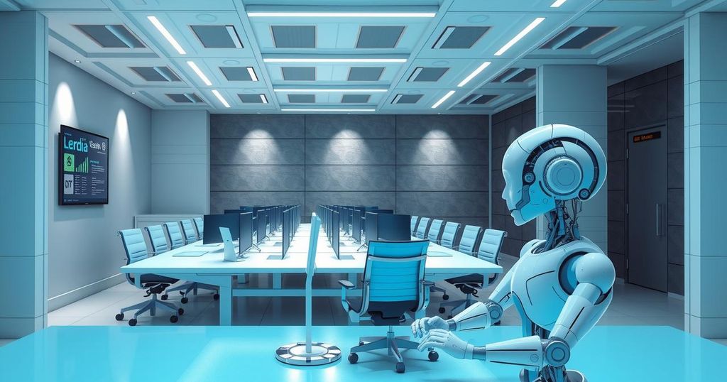 A digital illustration of AI chatbots in an office setting, representing limited productivity gains and modern technology.