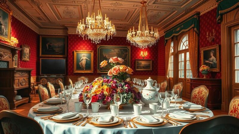A grand dining setting with opulent decor, featuring a lavish table setup and gleaming chandeliers.