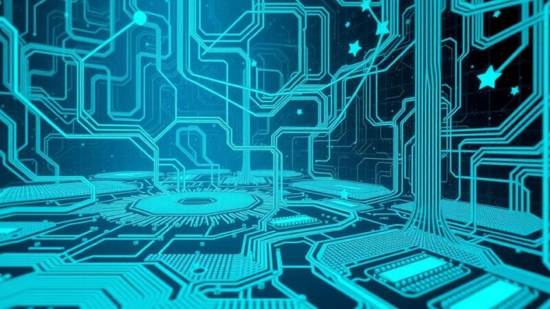 A serene digital landscape showing interconnected circuit patterns symbolizing AI advancements and technology integration.