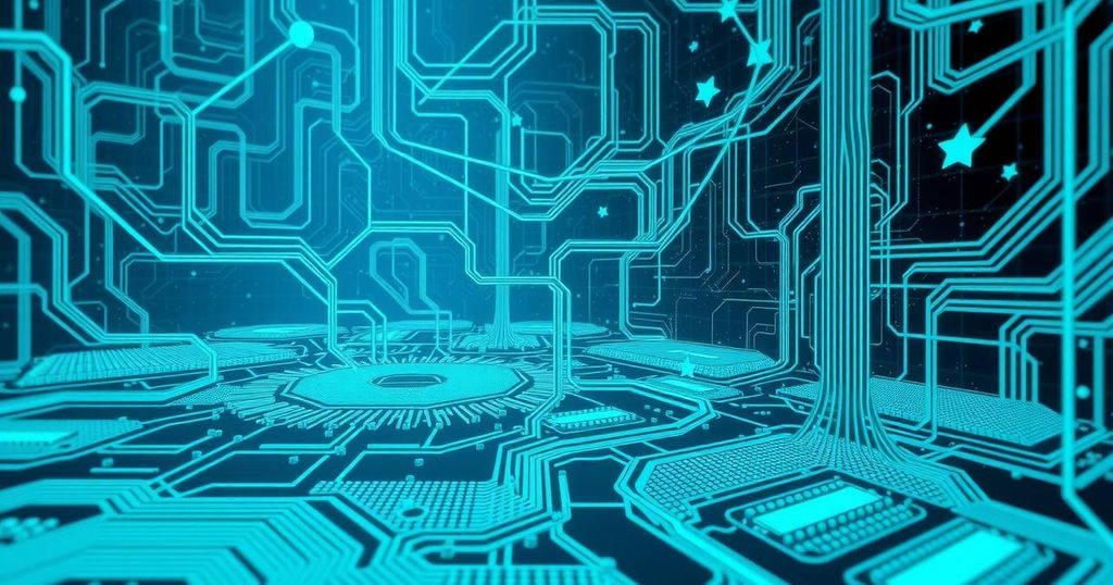 A serene digital landscape showing interconnected circuit patterns symbolizing AI advancements and technology integration.