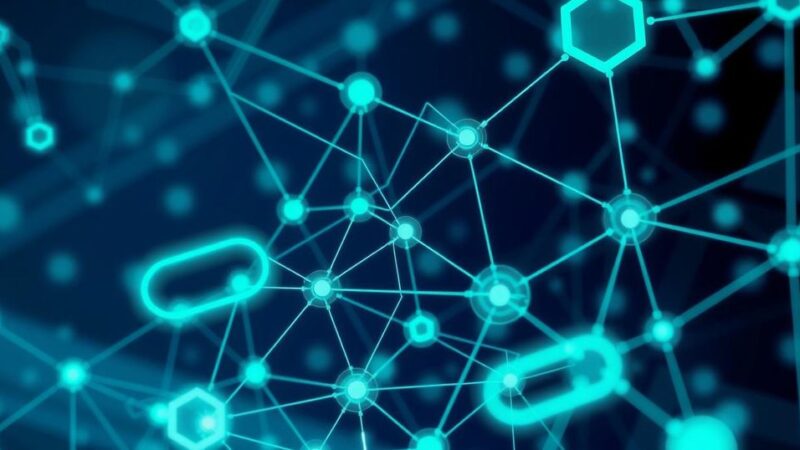A digital illustration of an abstract AI network with glowing nodes, representing cybersecurity and technology challenges.