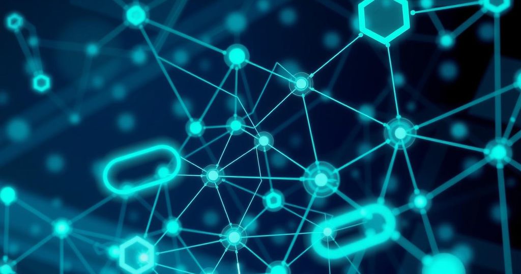 A digital illustration of an abstract AI network with glowing nodes, representing cybersecurity and technology challenges.
