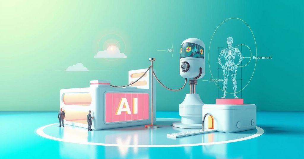 A conceptual design of AI integration in healthcare, featuring a blend of vibrant greens and blues, showcasing governance frameworks.