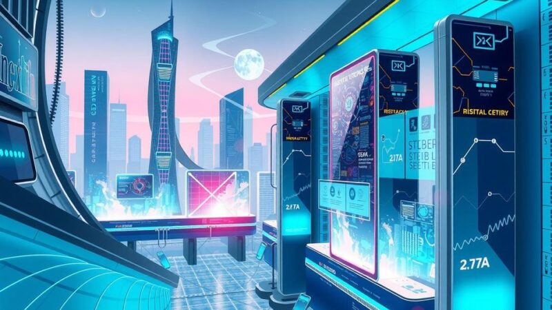 Abstract depiction of a modern AI research hub in a vibrant city, showcasing futuristic technology collaboration.
