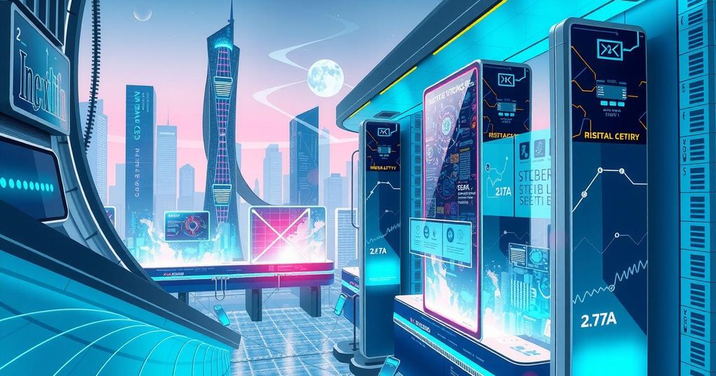 Abstract depiction of a modern AI research hub in a vibrant city, showcasing futuristic technology collaboration.