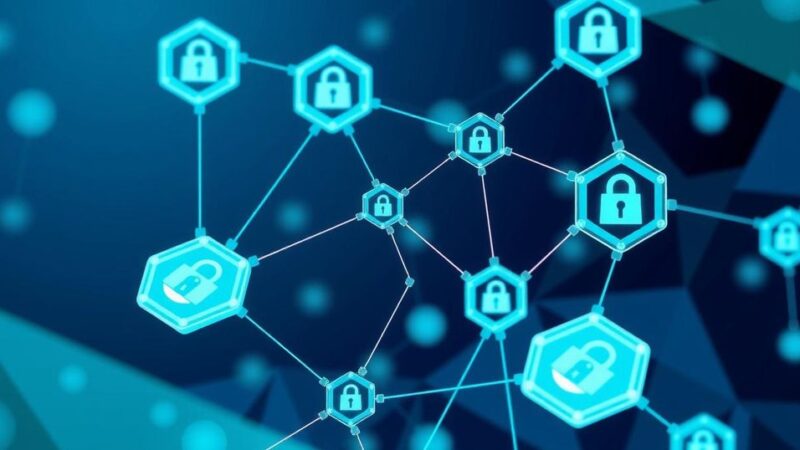 A digital representation of blockchain technology featuring secure nodes and digital assets, highlighting data security and compliance.