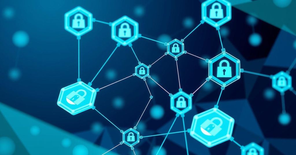 A digital representation of blockchain technology featuring secure nodes and digital assets, highlighting data security and compliance.