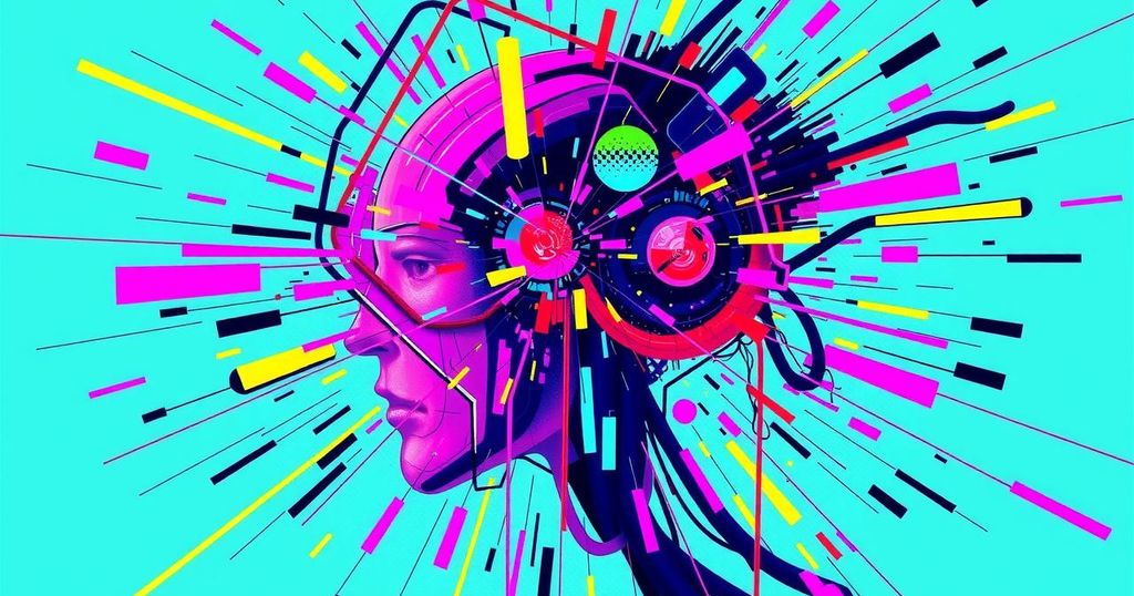 An abstract depiction of AI with digital glitches and vibrant colors representing instability and error rates.