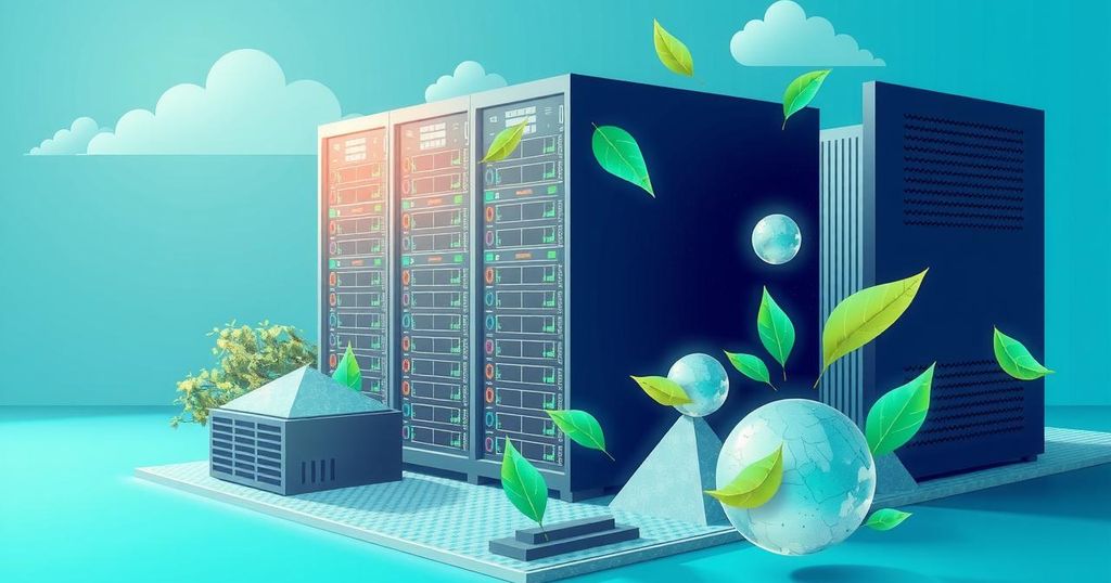 A conceptual artwork showing data centers with cooling systems under a sun, evoking energy and environmental themes.