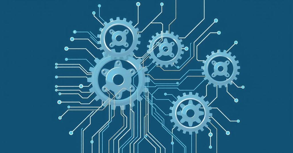 A conceptual illustration of artificial intelligence with gears and binary codes, showcasing clarity and structure.