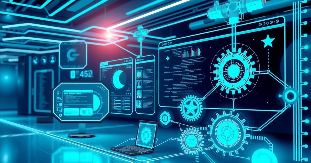AI agents transforming software development with automation tools and integrated technology in a vibrant tech environment.