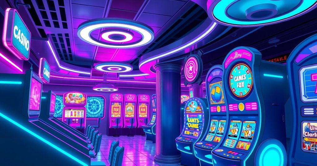 A digital illustration of a futuristic casino environment with vibrant neon colors and advanced gaming technology.