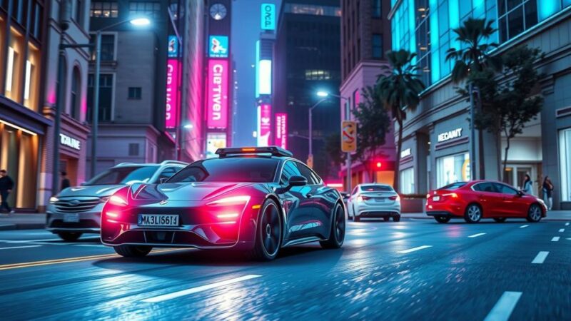 A futuristic autonomous car navigating with smart technology, set against a vibrant urban backdrop, in a digital art style.
