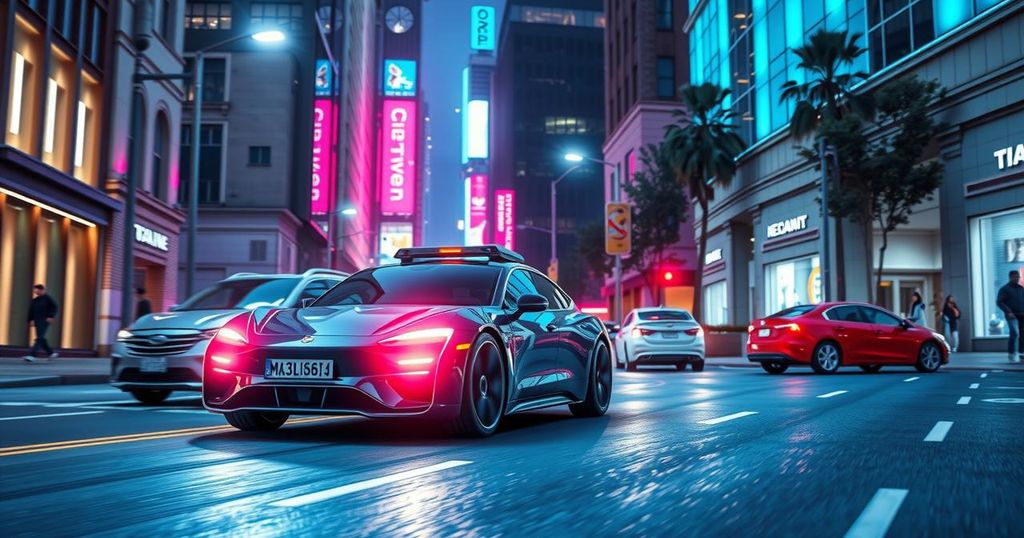 A futuristic autonomous car navigating with smart technology, set against a vibrant urban backdrop, in a digital art style.