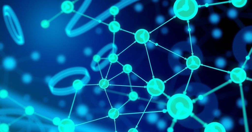 An abstract representation of blockchain technology with interconnected nodes and vibrant blue and green colors.