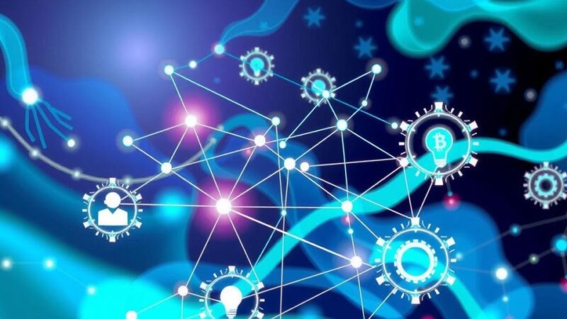 Abstract representation of AI and blockchain convergence with vibrant colors, symbolizing technology and innovation.