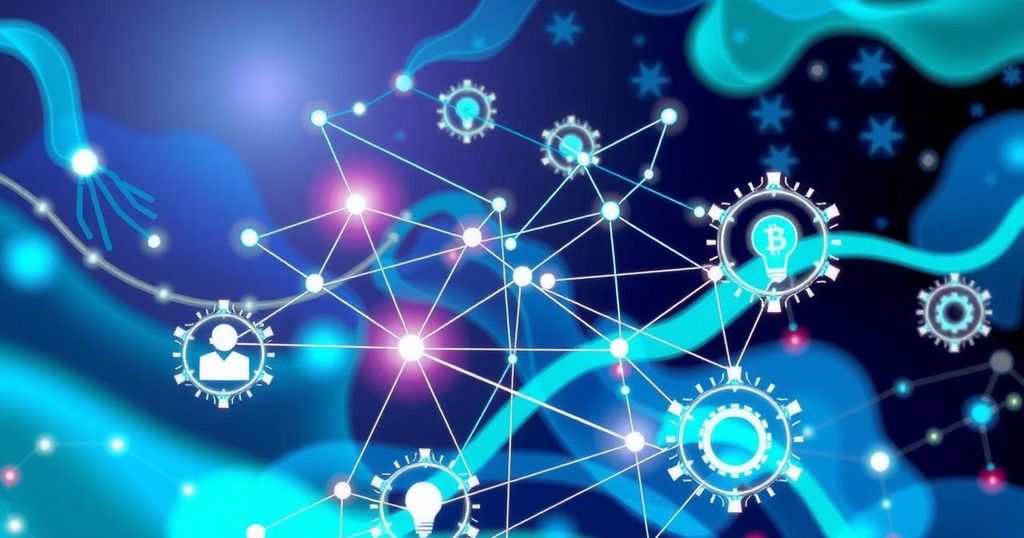Abstract representation of AI and blockchain convergence with vibrant colors, symbolizing technology and innovation.