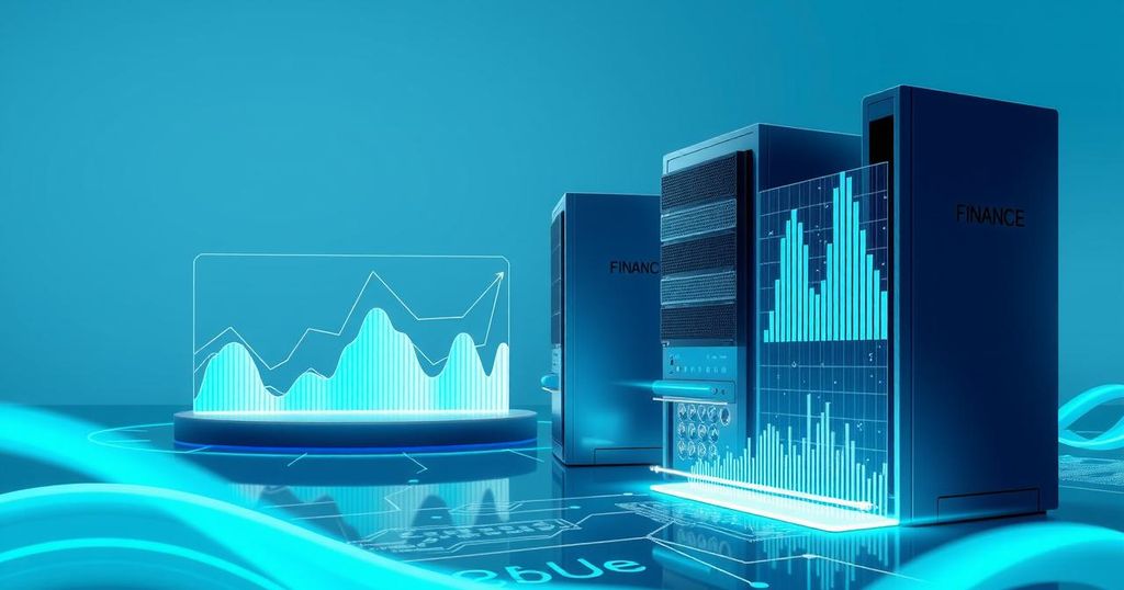 A modern, digital landscape showcasing AI technology in finance, using blues and greens to reflect innovation.