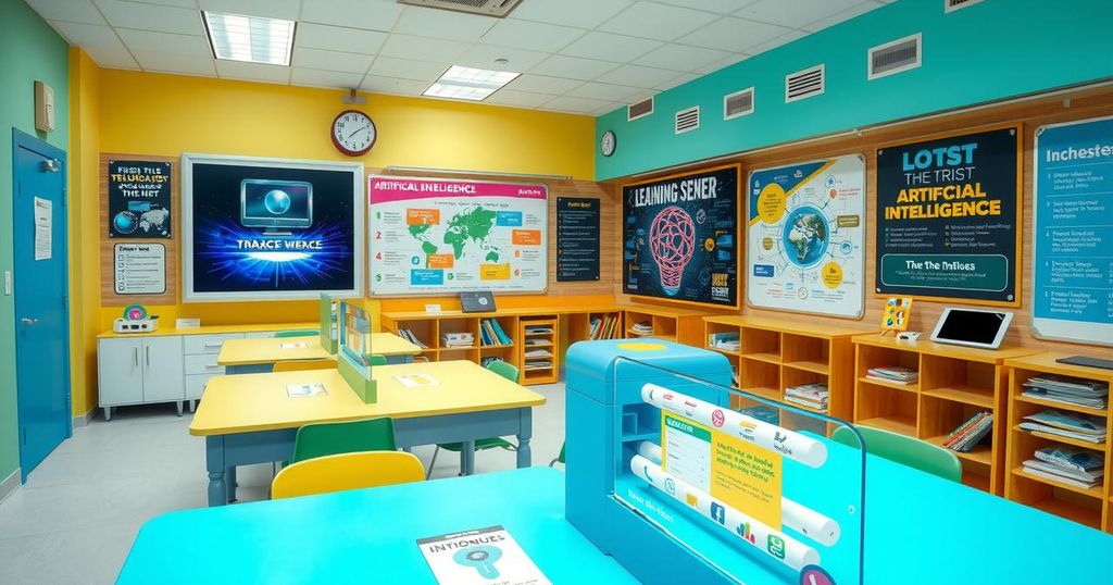 A vibrant classroom setting with diverse educational tools promoting AI learning and innovation.