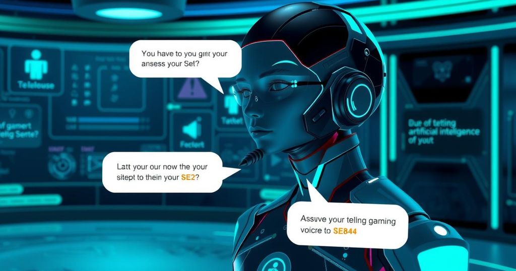 AI virtual agent assisting Xbox users with gaming support questions in a tech-themed environment.