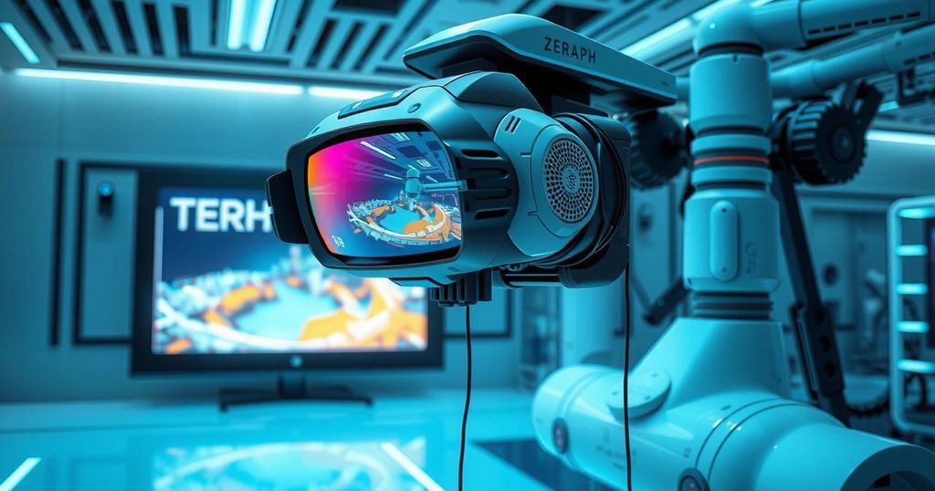 Futuristic robotic vision system showcasing advanced technology with a vibrant blue and green color scheme.