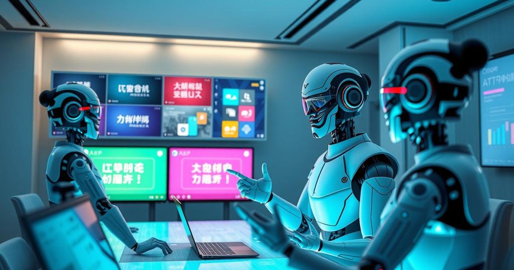 Futuristic presentation technology featuring AI avatars in vibrant colors displaying automated multilingual presentations.