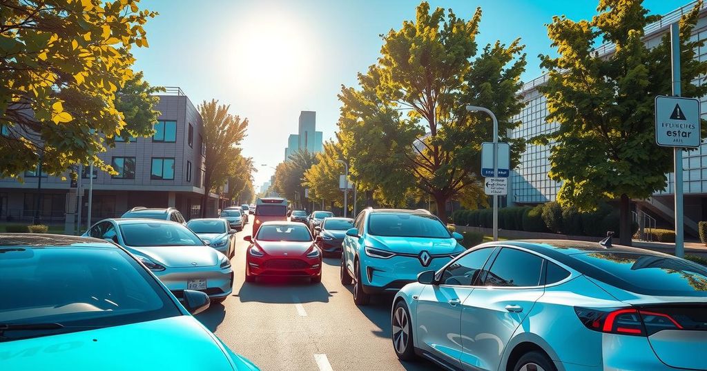 A serene landscape featuring electric vehicles on a city street showcasing modern transport technology.