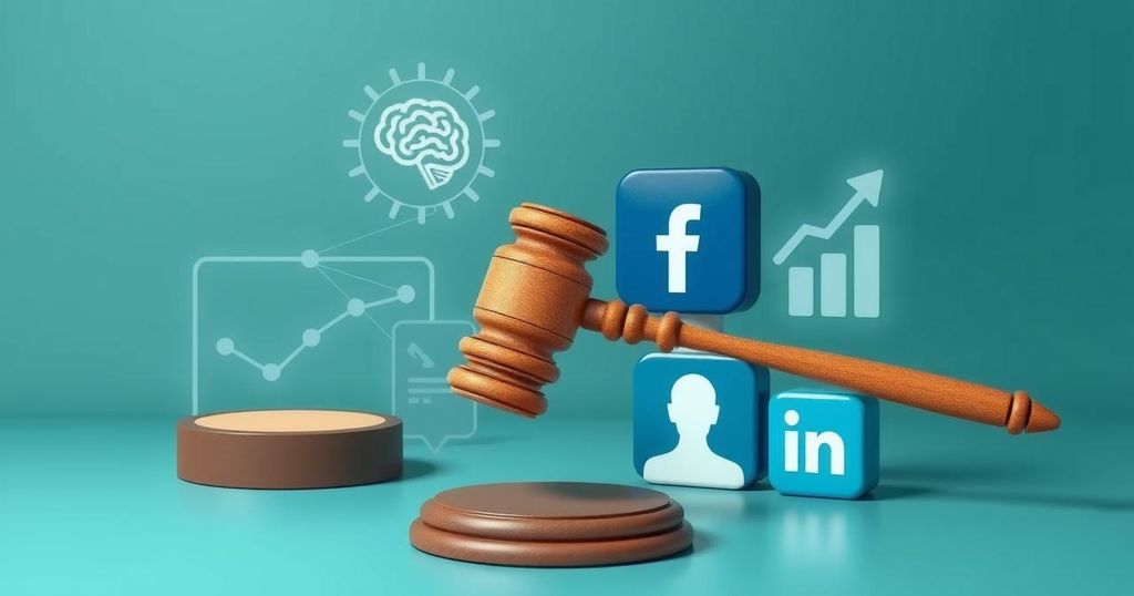 A symbolic representation of digital regulation in Australia featuring a gavel, AI icons, and social media logos in muted colors.