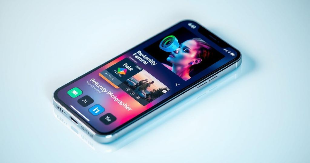 A sleek smartphone showcasing AI features with vibrant photography capabilities on a minimalistic background.