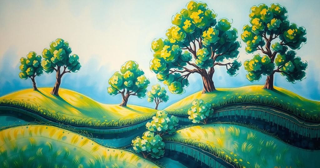 A serene landscape depicting technology and nature coexisting harmoniously, symbolizing innovation and creativity.