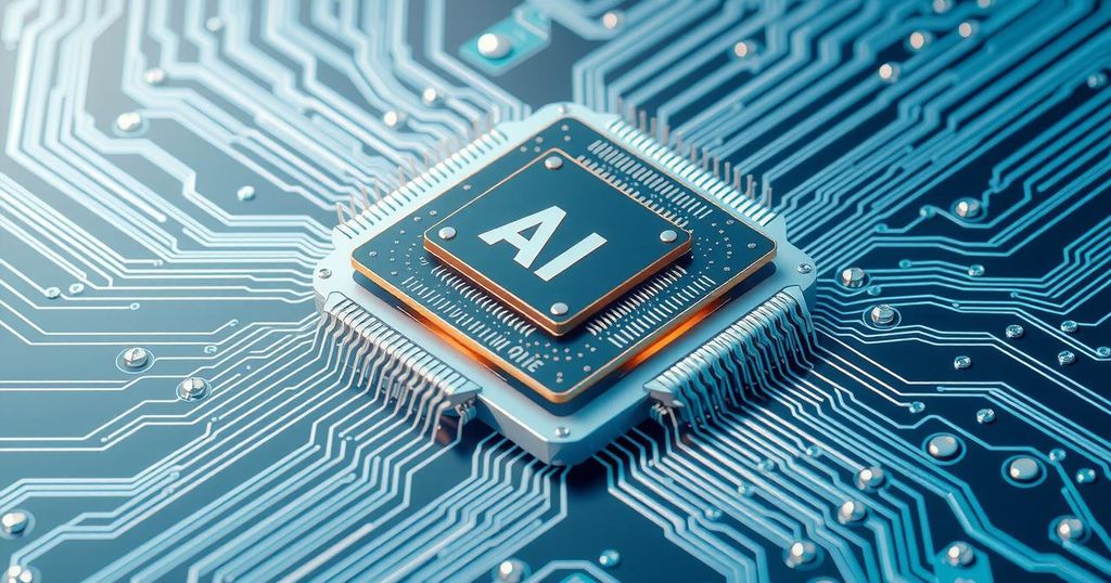 A sleek non-binary AI chip on a futuristic circuit board, showcasing advanced technology in soft blue and silver tones.
