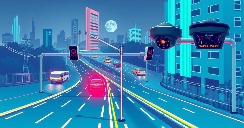 High-tech traffic monitoring system with sensors and AI, designed for safer road use.