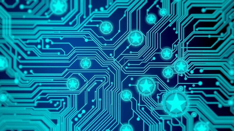 A digital abstract representation of AI innovation and technology, featuring circuit patterns and vibrant colors.