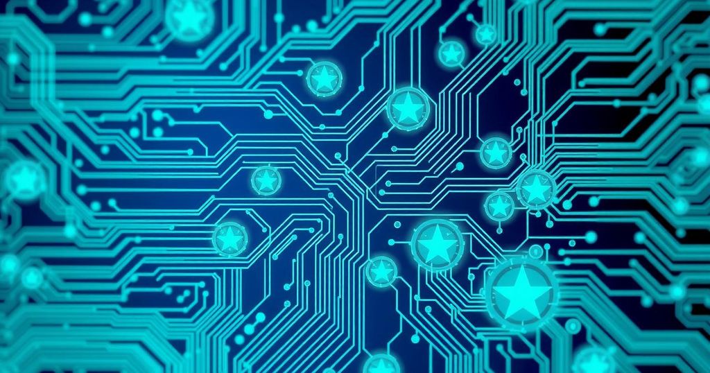 A digital abstract representation of AI innovation and technology, featuring circuit patterns and vibrant colors.