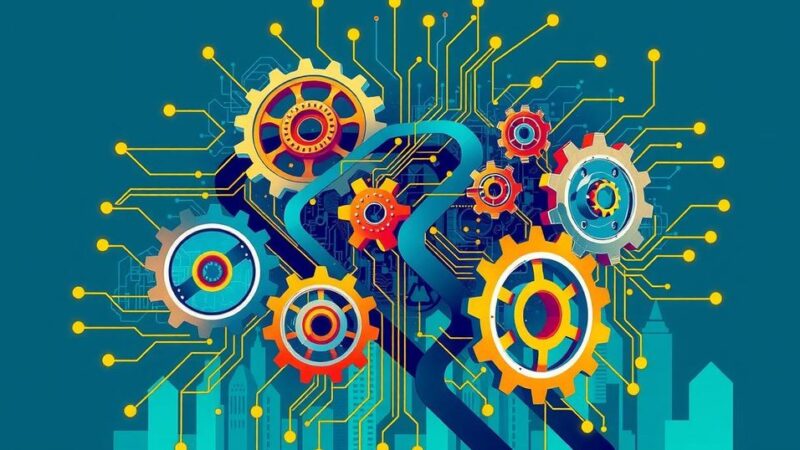 An abstract representation of AI's impact on economy, featuring various gears and circuits in vibrant colors.