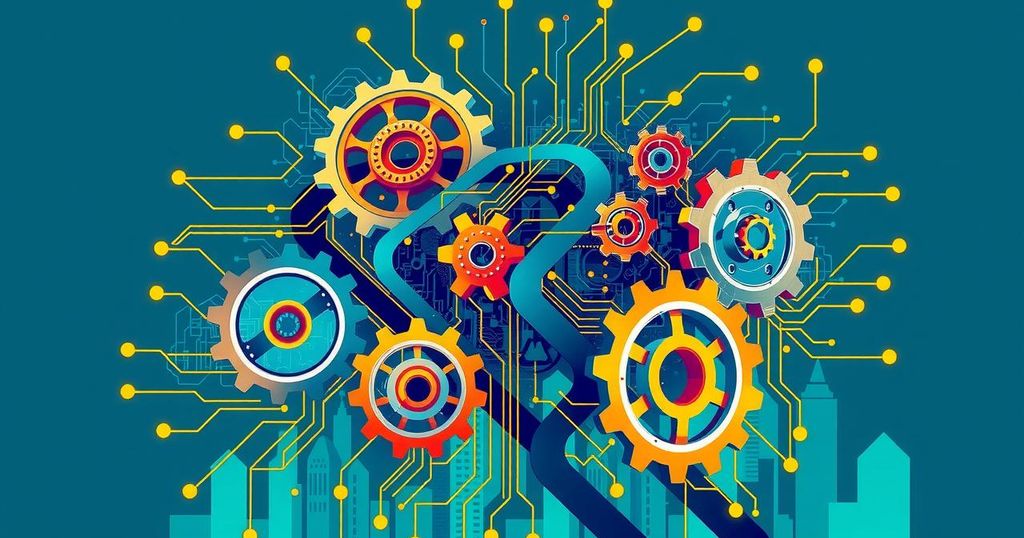 An abstract representation of AI's impact on economy, featuring various gears and circuits in vibrant colors.