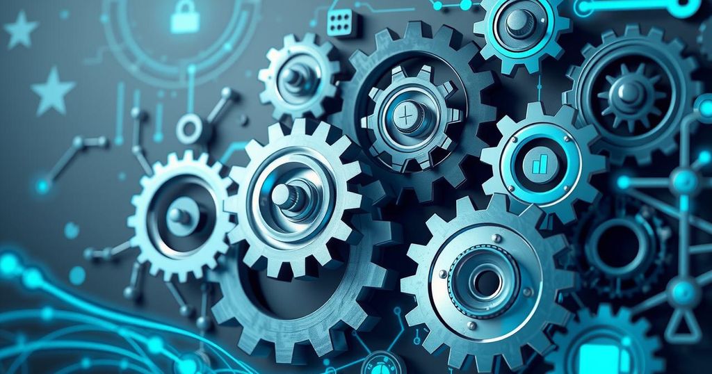 A visual representation of technology and automation's impact on employment, featuring gears and AI elements.