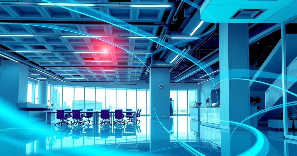 A modern workspace with technology elements, depicting seamless connectivity and innovation in a vibrant color scheme.