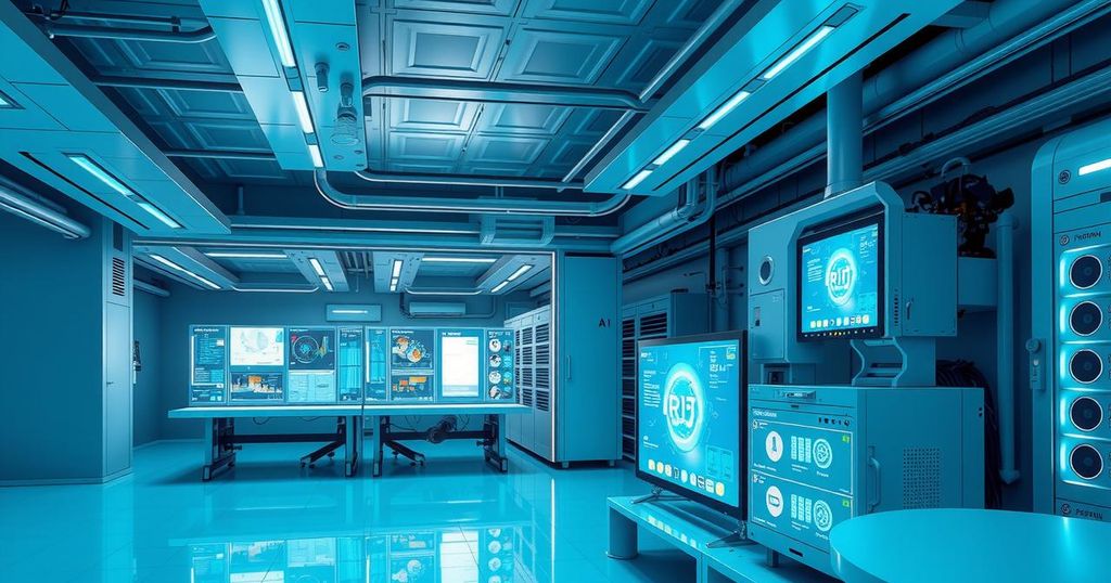 A futuristic AI lab with advanced technology and glowing screens, reflecting innovation and AI research.
