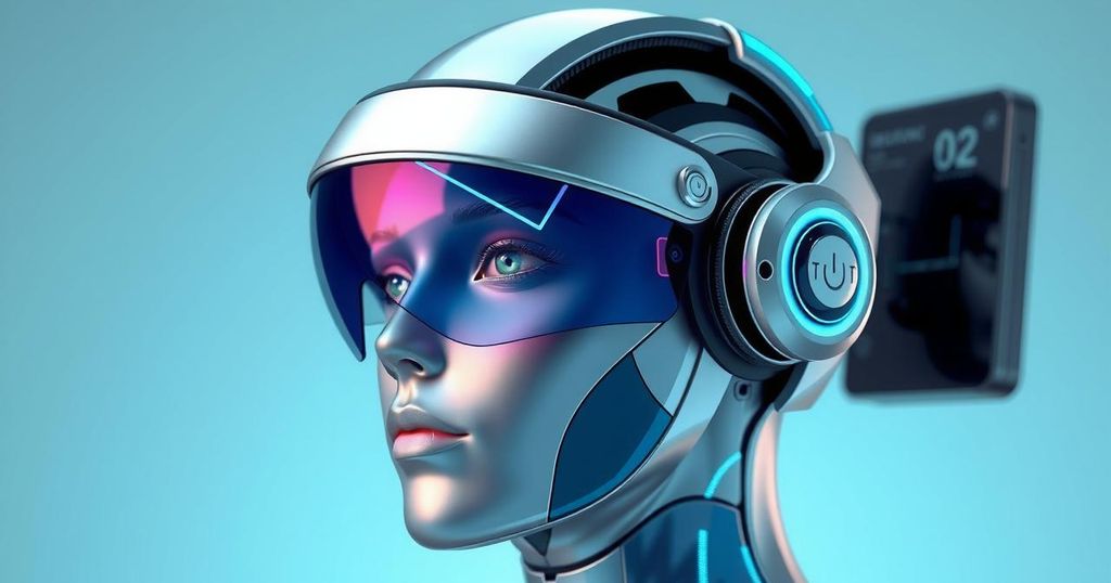 Next-gen research headset in futuristic design with sleek lines and an advanced sensor layout, blue and silver color scheme.