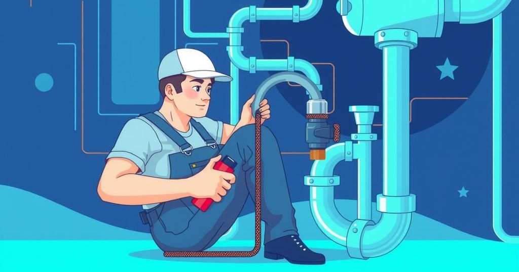 A futuristic image of a plumber working on pipes, emphasizing technology and innovation in home maintenance.