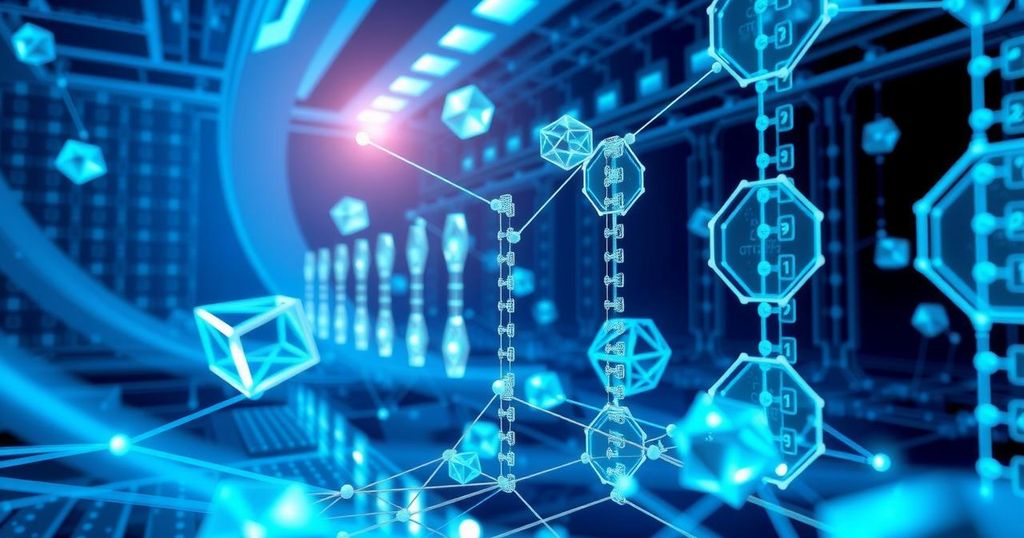 An abstract representation of technology growth with interconnected data centers, AI elements, and graph-like structures.