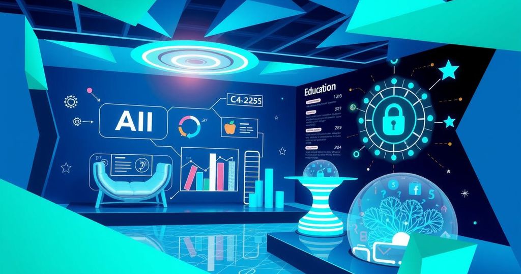Virtual conference on education technology with elements like AI, cybersecurity, and innovation strategies.