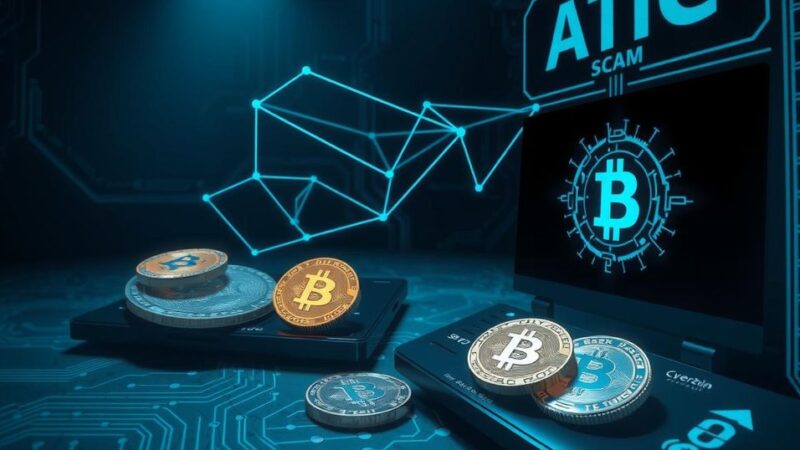 Illustration of a digital currency scam with dark tones, depicting suspicious tech elements in a cyber environment.