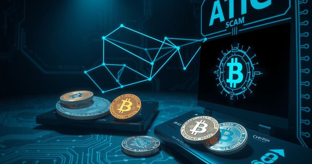 Illustration of a digital currency scam with dark tones, depicting suspicious tech elements in a cyber environment.